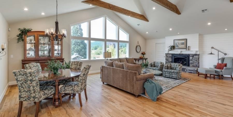 Full view of living room and dining table.