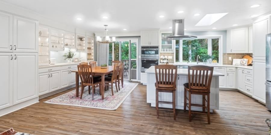 Full view of renovated kitchen and dining room.