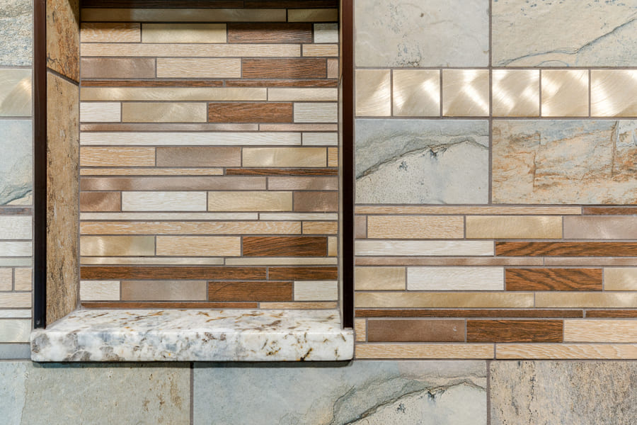 earth tones in shower shelving by corvallis kitchen and bath