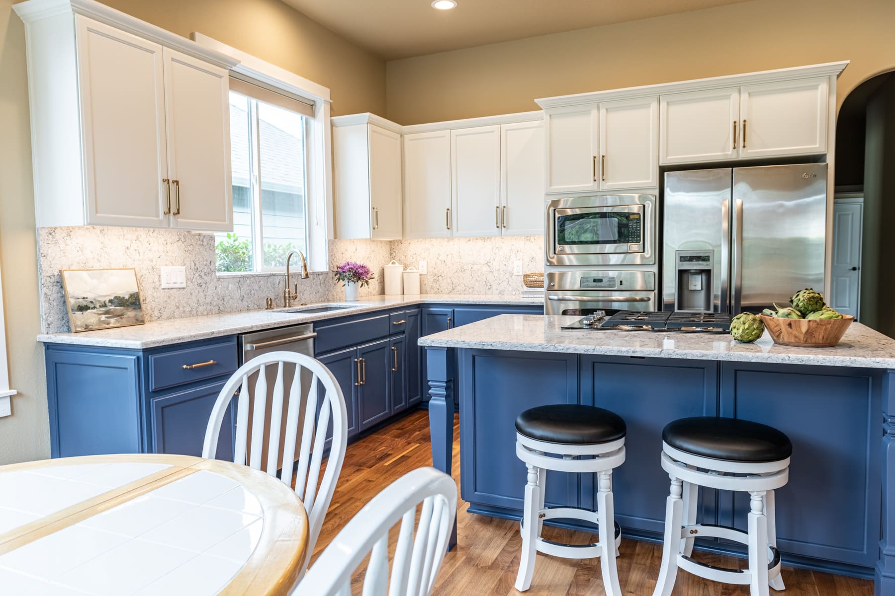 blue and white cabinets in kitchen remodel by corvallis custom kitchen and baths in corvallis, Oregon